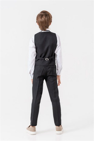 Zincir Detay Çift Düğmeli Erkek Çocuk Takım Elbise Siyah