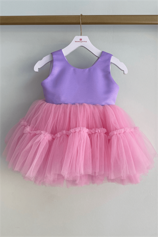 Tütülü Kalın Askılı Kız Bebek Abiye Elbise Lila