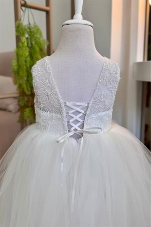 Güpür Çiçek Desenli Kız Çocuk Abiye Gelinlik Beyaz