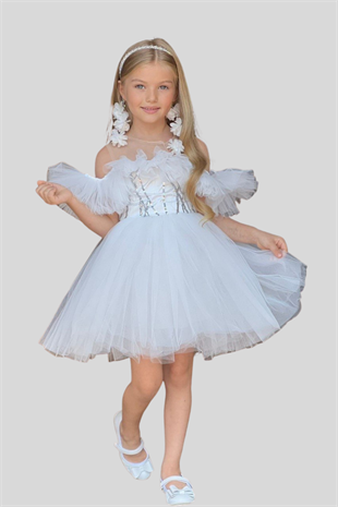 Küpe ve Taç Detay Kız Çocuk Abiye Elbise Beyaz