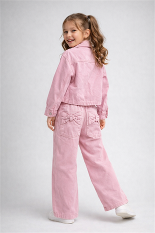 3-10 Yaş Fiyonk Cepli Gabardin Kız Çocuk Takım Pembe