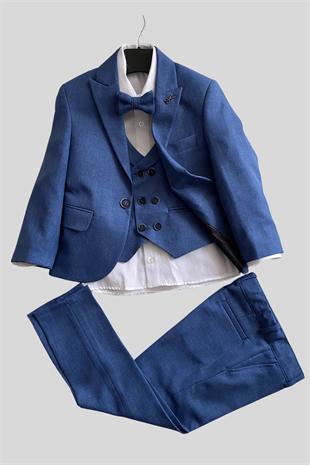 Yeleği Katlamalı Ceketli Rozetli Takım Elbise İndigo Mavi 