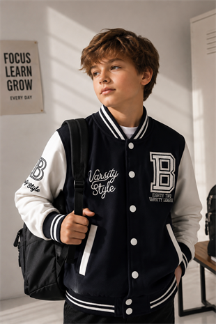 6-13 Yaş Varsity Style Çıtçıtlı Kolej Erkek Çocuk Ceket Lacivert