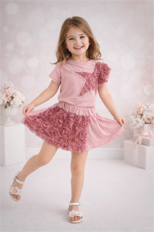 4-10 Yıldız Detay Şort Etekli Güllü Takım Gül Kurusu