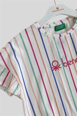 4-14 Yaş Benetton Kolları Fırfırlı Çizgili Kız Çocuk Tshirt Beyaz