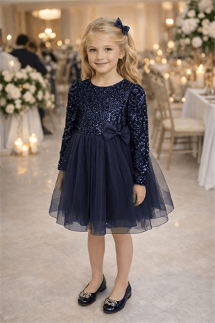 4-12 Yaş Grenli Kadife Payetli Kız Çocuk Abiye Elbise Lacivert