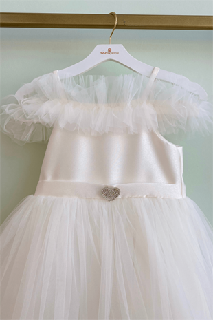 8-12 Yaş Lüx Etekleri Tül Detay Kız Çocuk Abiye Elbise Beyaz