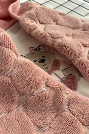 2-5 Kalp Desen Yelekli 3lü Kız Çocuk Takım Pembe