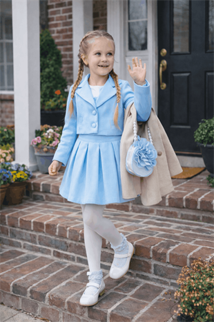 3-6 Yaş Premium Ceketli Etekli Çantalı Kız Çocuk Takım Bebe Mavi