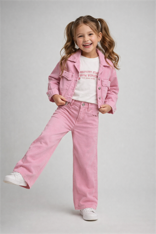 3-10 Yaş Fiyonk Cepli Gabardin Kız Çocuk Takım Pembe