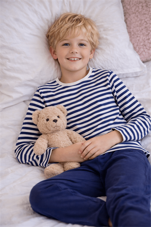 Çizgili Desen Erkek Çocuk Pijama Takımı Lacivert