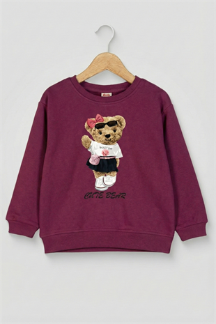4-9 Yaş Cute Bear Kız Çocuk Sweat Bordo