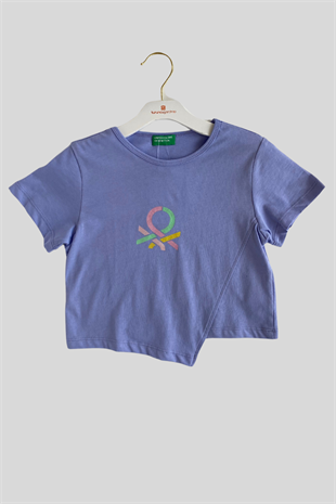 4-14 Yaş Benetton Sim Baskı Asimetrik Detay Kız Çocuk T-shirt Lila