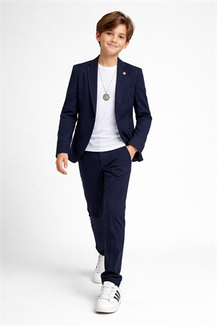 3-14 Yaş Oscar Tişörtlü Kolyeli Erkek Çocuk Takım Elbise Mezuniyet Lacivert