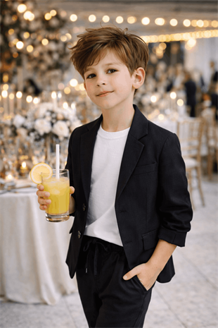 2-13 Yaş Premium Tişörtlü Başak Doku Keten Çocuk Takım Elbise Siyah