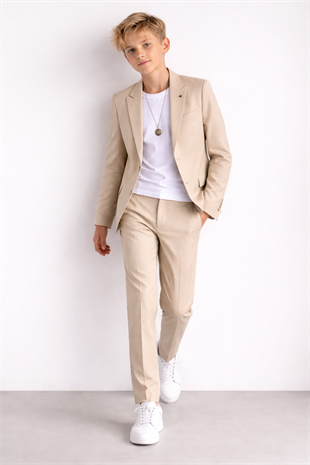 3-14 Yaş Oscar Tişörtlü Kolyeli Erkek Çocuk Takım Elbise Mezuniyet Bej