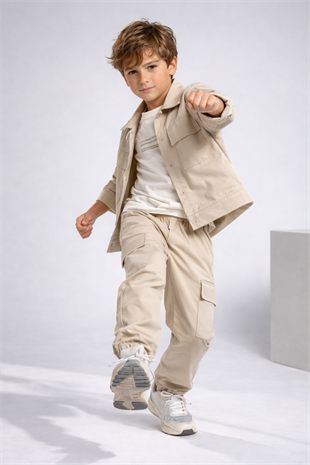 3-10 Yaş Kargo Pantolonlu Ceketli 3lü Erkek Takım Krem
