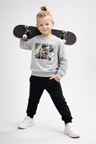 3-10 Yaş Dinozor Baskılı Erkek Çocuk Eşofman Takımı Gri