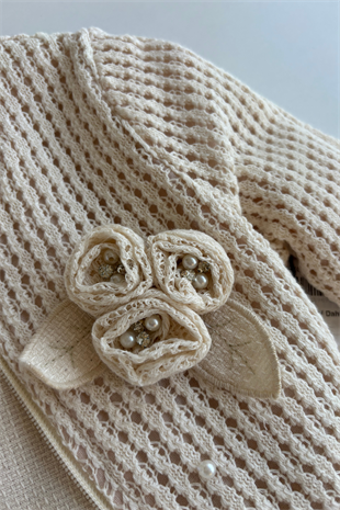 5-8 Yaş İncili Triko Hırkalı Keten Elbise Krem