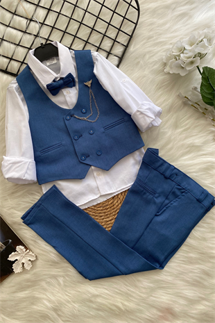 Zincir Detay Çift Düğmeli Erkek Çocuk Takım Elbise İndigo