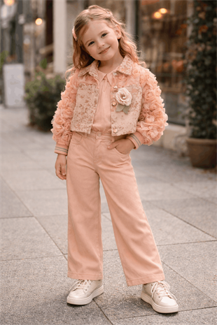 3-6 Yaş Premium Kolları Gül Detay Yaldızlı Ceket Pantolon 3lü Kız Takım Pudra