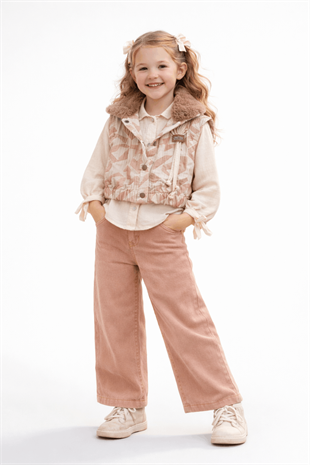 3-6 Premium Yaş Kürk Yakalı Yelekli Kot Pantolonlu 3lü Kız Takım Pudra