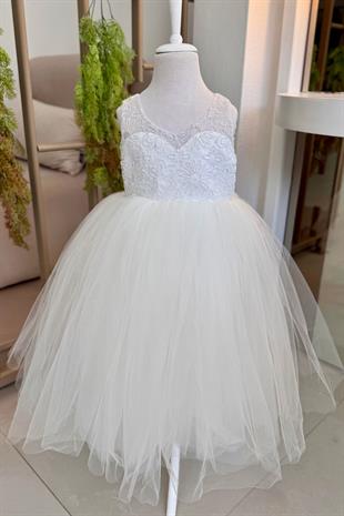 Güpür Çiçek Desenli Kız Çocuk Abiye Gelinlik Beyaz