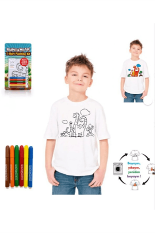 4-11 Yaş Dinozorlu Boya-Yıka Tişört Seti Beyaz