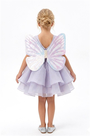 2-6 Yaş Butterfly Kanatlı Kız Çocuk Abiye Elbise Lila