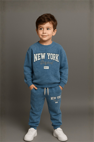 5-14 Yaş New York Batik Desen Erkek Çocuk Takım Mavi