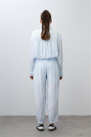 9-15 Yaş Müslin Gömlek Havuç Pantolon Kız Takım Bebe Mavi