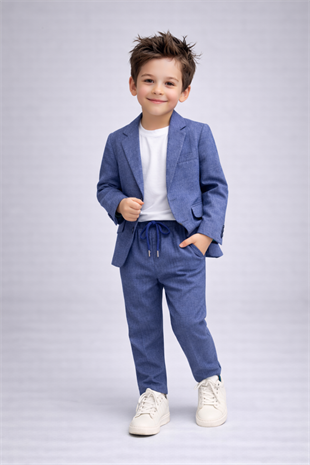 2-13 Yaş Premium Tişörtlü Başak Doku Keten Çocuk Takım Elbise Açık Lacivert