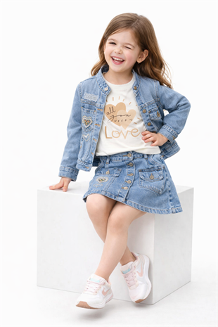 2-5 Yaş Lüx Love Taşlı Kot Ceket Badi ve Kot Etekli Kız Takım Mavi