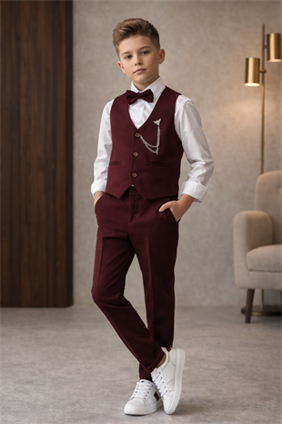 Lüks Planet Yelekli Papyonlu Erkek Çocuk Takım Elbise Bordo