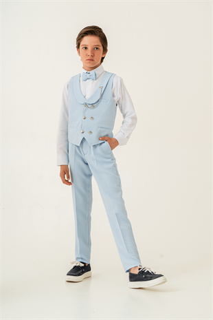 Gofre Lord Yelekli Erkek Çocuk Takım Elbise Açık Mavi