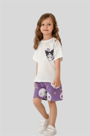 3-10 Yaş Baskılı Kuromi Şortlu Kız Çocuk Takım Mor