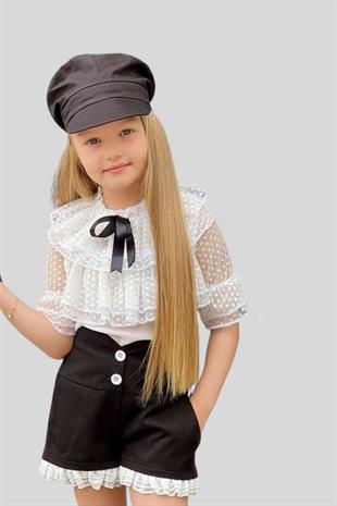 Güpür Gömlek Dantelli Şort Kız Çocuk Takım