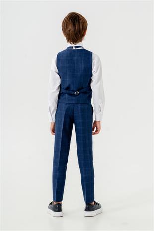 Karo Ekose Yelekli Zincirli Çocuk Takım Elbise Lacivert