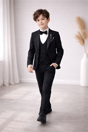 3-14 Yaş Premium Double Yaka Zincirli Erkek Çocuk Damatlık Siyah