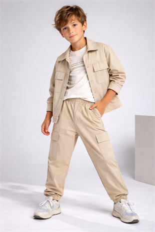 3-10 Yaş Kargo Pantolonlu Ceketli 3lü Erkek Takım Krem