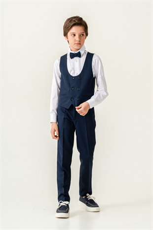 Premium Seri Mendilli Yelekli Ceketli Çocuk Takım Elbise Lacivert