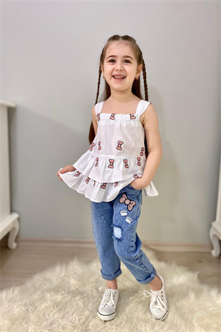 3-10 Yaş Fiyonk Detay Bluz ve Kot Pantolon Seti