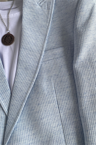 3-14 Yaş Vega Premium Çizgili Kolyeli Keten Çocuk Takım Elbise Bebe Mavi