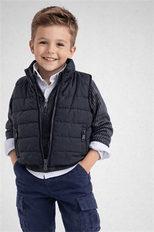 2-9 Yaş Premium Çizgi Detay Şişme Yelekli Pantolonlu 4lü Erkek Çocuk Takım Lacivert