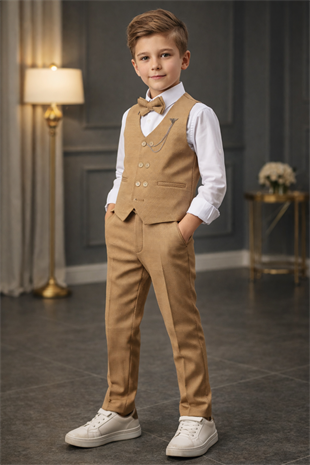 Matrix Yelekli Zincirli Erkek Çocuk Takım Elbise Camel 