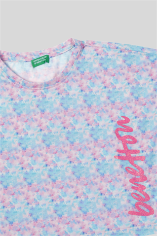 4-14 Yaş Benetton Batik Desen Kız Çocuk T-shirt Turkuaz