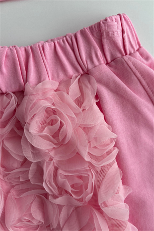 4-10 Yıldız Detay Şort Etekli Güllü Takım Pembe