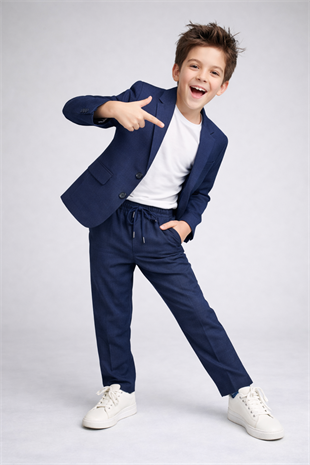 2-13 Yaş Premium Tişörtlü Başak Doku Keten Çocuk Takım Elbise Lacivert