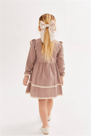 2-8 Yaş Güpür Detay Retro Kız Çocuk Elbise Sütlü Kahve