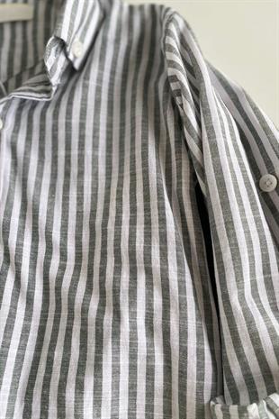 5-14 Yaş Cool Çizgili Gömlek Kot Pantolonlu Erkek Çocuk Takım Gri